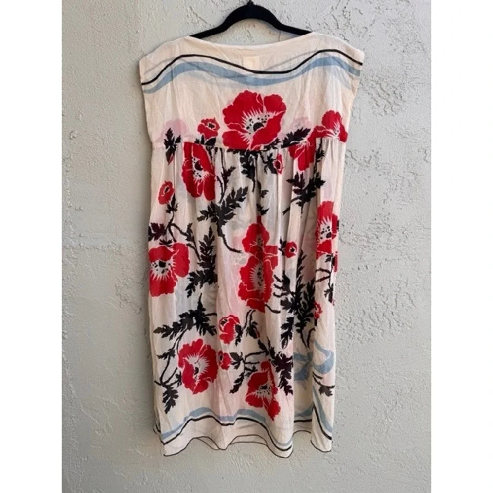 Anna Sui Cream Poppy Floral Sheer Sleeveless Shift Dress SMALL Designer Boho - Picture 8 of 9